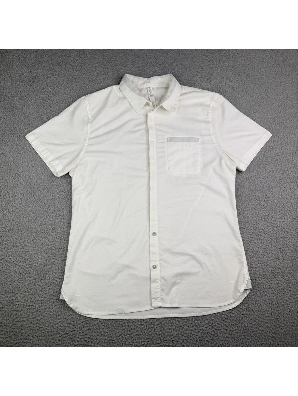 Lululemon Shirt Mens L White Short Sleeve Button Front Stretch Hidden Button